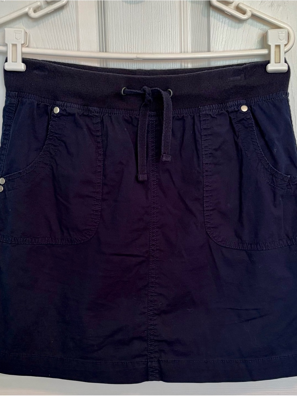 Navy Skirt with Soft Knit Waist, Slash Pockets